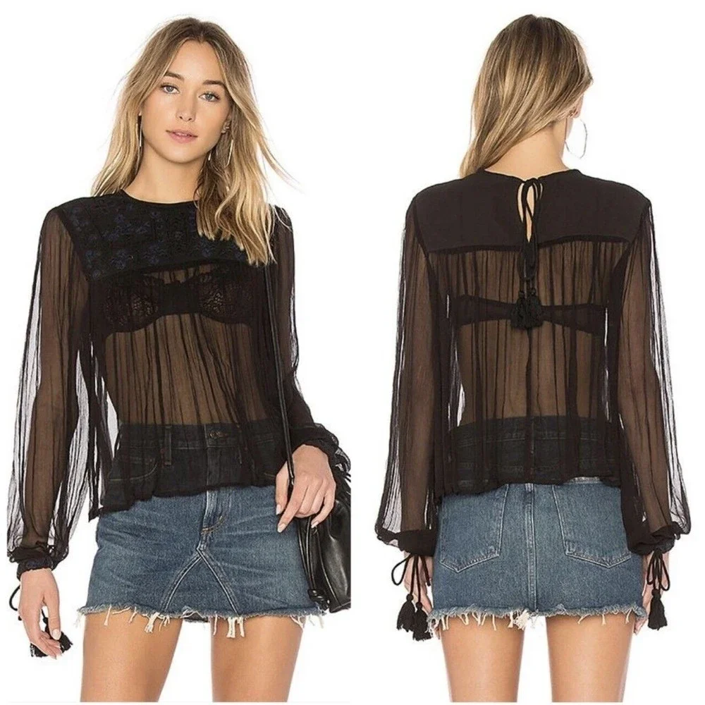 Free People Sheer Black Long-Sleeve Tassel Blouse